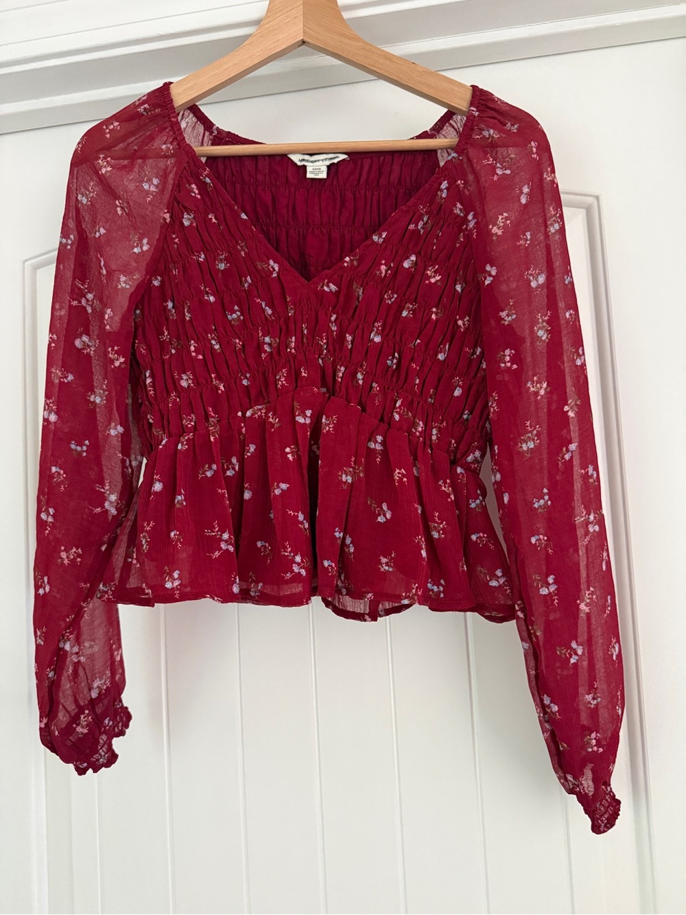 American Eagle Outfitters Burgundy Floral Smocked V-Neck Blouse